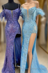 Sequin Feather Cold-Shoulder Mermaid Long Semi Formal Prom Dress with Slit